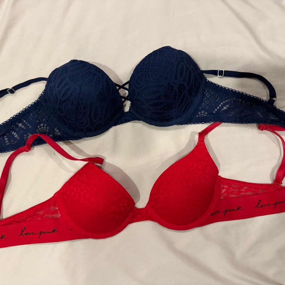Victoria's Secret Navy and Red Lace Bra Duo